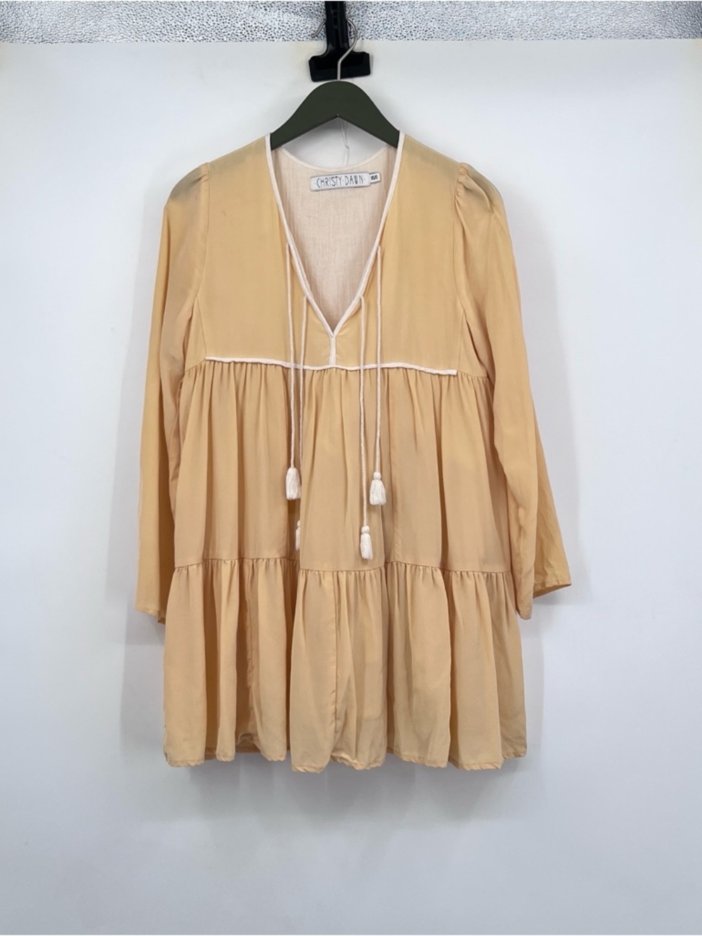 Christy Dawn XS / Small Light Yellow Tiered Long Sleeve Mini Phoenix Dress - Picture 3 of 9
